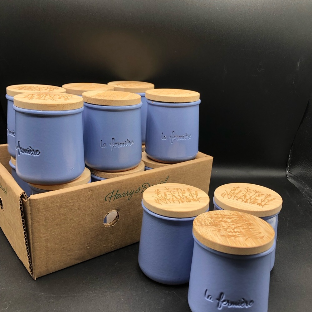 4 French Blue La Fermiere Glazed Terra Cotta Pots w/ New Wooden Lids